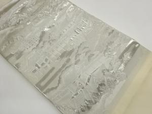 九百錦プラチナ箔寺社仏閣に木々・山並風景模様織出し名古屋帯